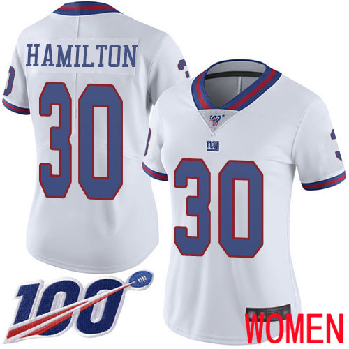 Women New York Giants 30 Antonio Hamilton Limited White Rush Vapor Untouchable 100th Season Football NFL Jersey